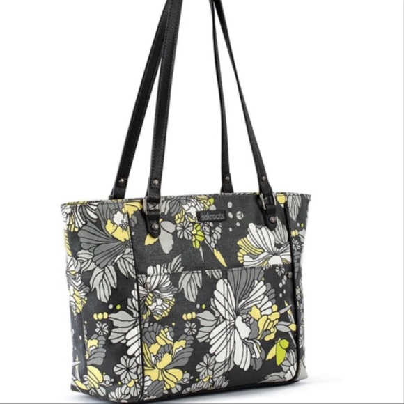 Sakroots Gray Yellow Flower Blossom Metro Tote Travel Bag Vacay Butterfly Charm - Picture 3 of 9